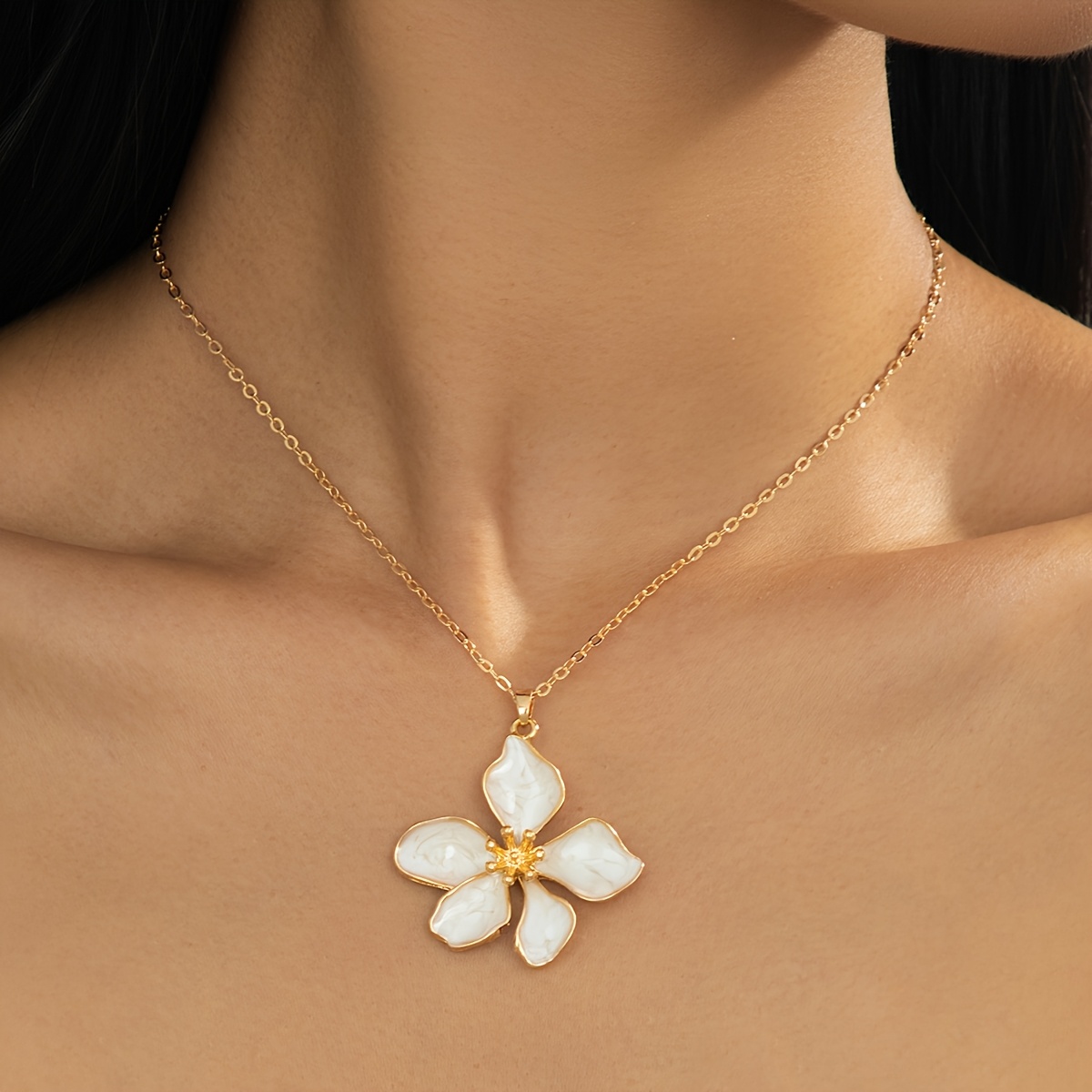 Handmade White, Pink, and Orange Enamel Five-Petal Flower Necklace